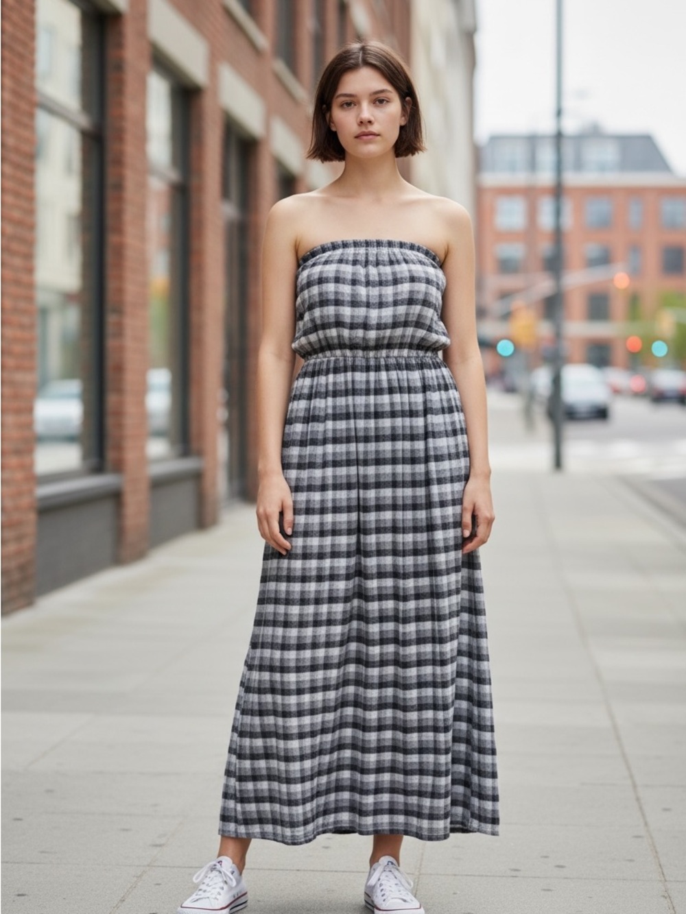 Emporio Armani Strapless Plaid Maxi Dress in Gray and Black